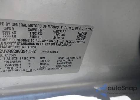 2014 Chevrolet Silverado K1500 Lt z USA, uszkodzony, nr VIN 3GCUKREC9EG540582